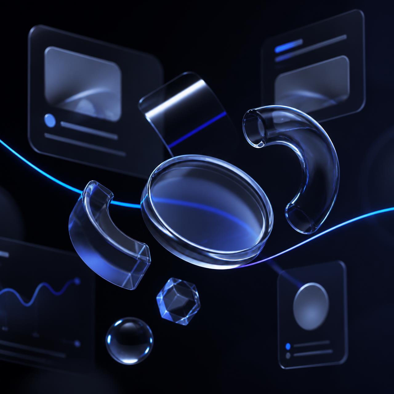Composição 3D abstrata em vidro com brilho azul